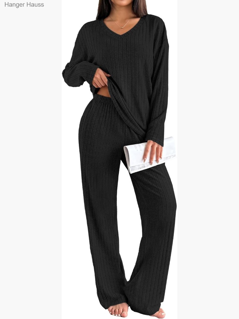 Long Sleeve Knit Ribbed Pajama Set With Pockets, 2-Piece Loungewear